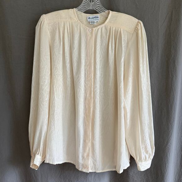 Vintage Marshall Field's Silk Blouse Cream with Jacquard Pattern 70s/80s Sz 10 - Picture 1 of 16